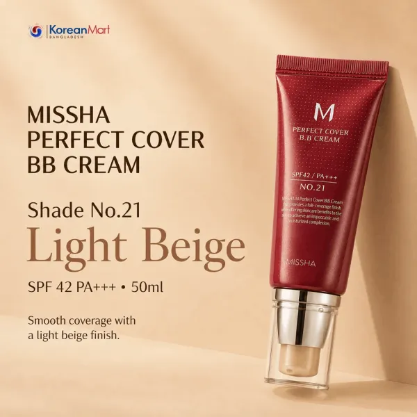 Missha M Perfect Cover BB Cream Shade 21 (Light Beige) SPF42 PA+++ - 50ml